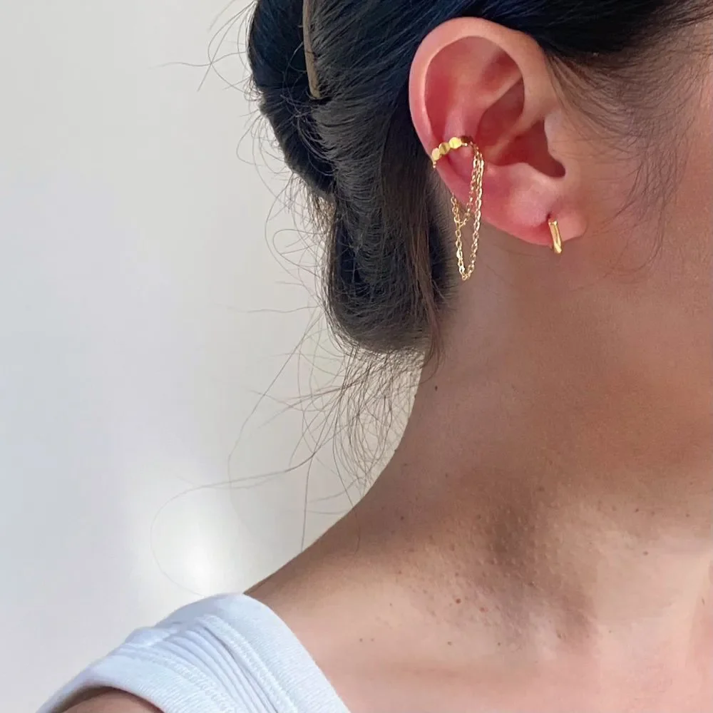 One Gold Plated Double Tassel Chain Circle Disk Ear Cuff